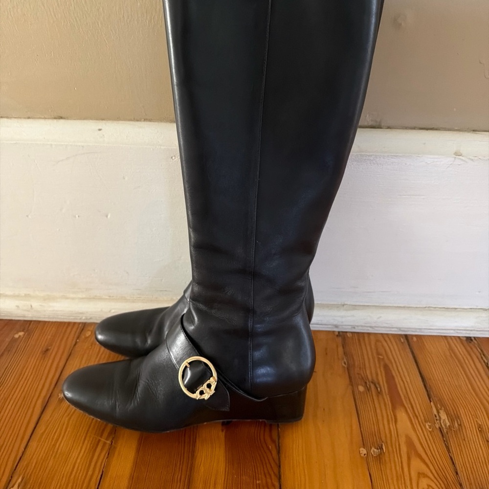Tory Burch Black Over the Knee Boots with Gold Accent